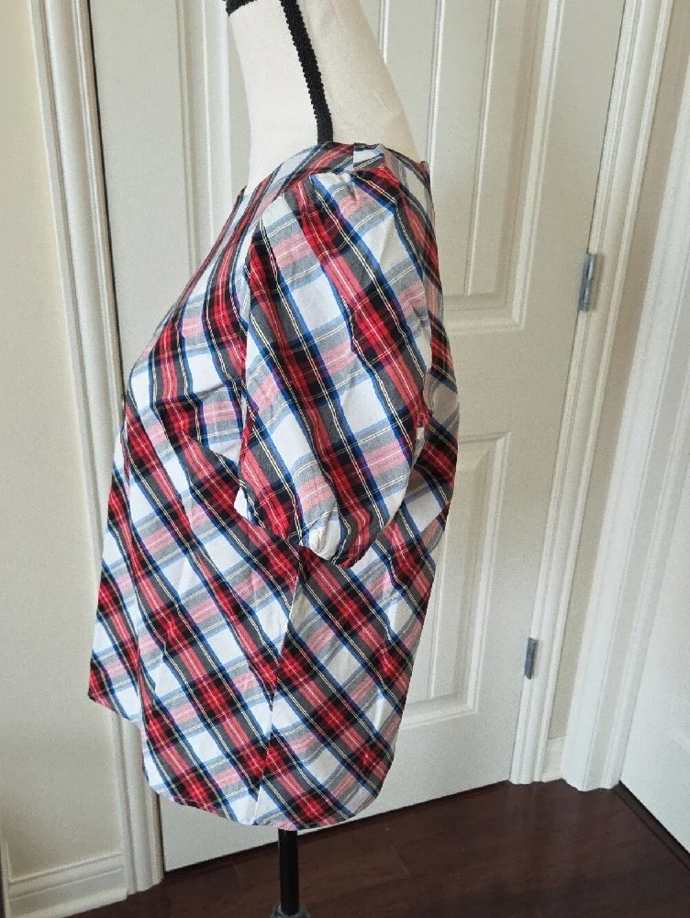 J. Crew Red, Blue and White Plaid Puff-Sleeve Blouse